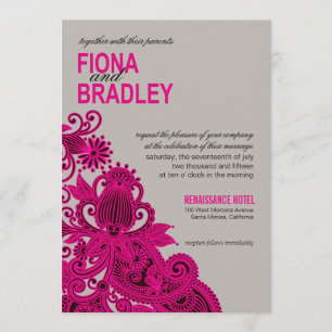 Convite Cinza asteca do fuschia do casamento de Paisley