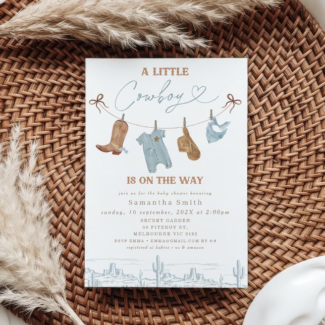 Convite Cinza Azul-Bonita Roupa Pequeno Chá de fraldas De  (Little Cowboy Baby Shower Invitation Template, A Little Cowboy I s On The Way Baby Shower Invite)