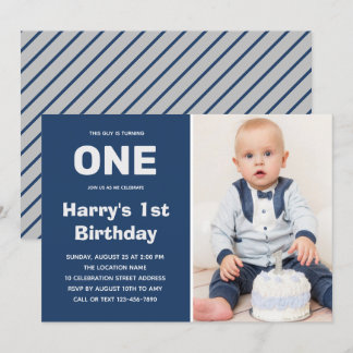 Convite Cinza Azul de Fotografia Personalizada | PRIMEIRO 