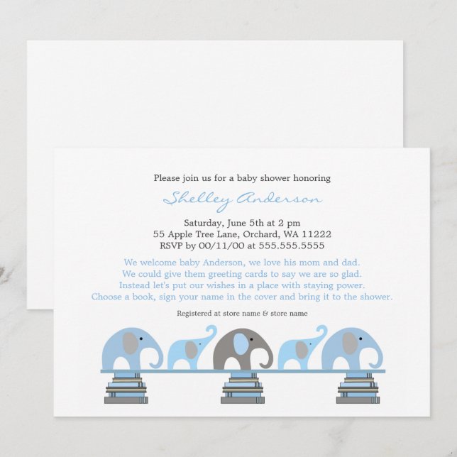 Convite Cinza Azul, Elefante, Bebê-Chuva (Frente/Verso)