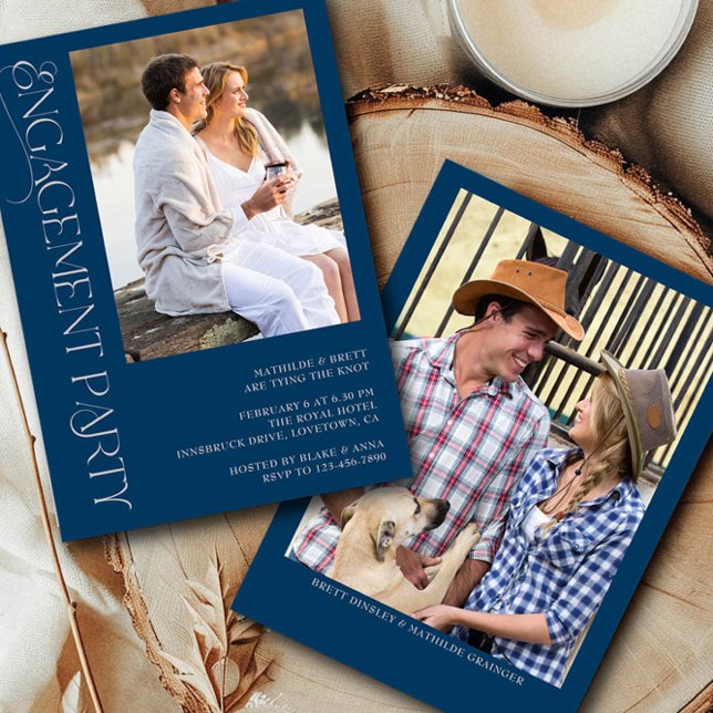 Convite Cinza Azul Elegante - Festa de noivado Fotográfica (Engagement Photo Invitation from the Engagement Party Invitations collection by Darling & May)