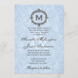 Convite Cinza Azul-Vintage Monograma Casamento