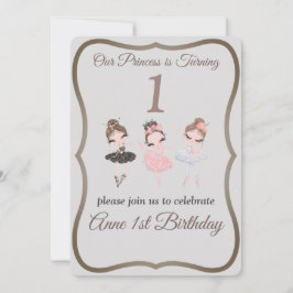 Convite Cinza bonito Pink Ballerinas primeiro aniversario 