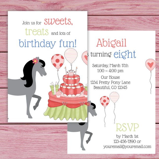 Convite Cinza bonito Rosa, Verde, Festa de aniversário Azu (Pretty Grey Horse Pink, Green, Blue Birthday Party Invitation)