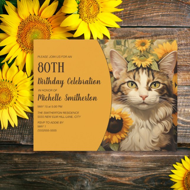 Convite Cinza Branca Gato Amarelo Girassóis 80 Aniversário (Gray and white cat and sunflowers women's 80th birthday party invitation)