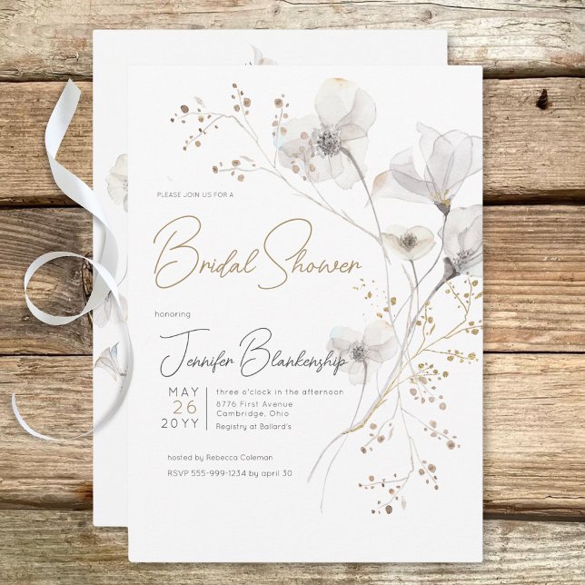 Convite Cinza Branca Moderna e Chá de panela Floral Dourad (Modern White Gray & Gold Floral Bridal Shower Invitation)