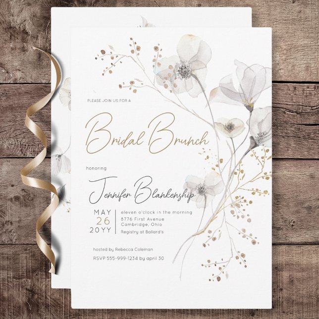 Convite Cinza Branca Moderna e Dourada Bridal Bridal Brunc (Modern White Gray & Gold Floral Bridal Brunch Invitation)