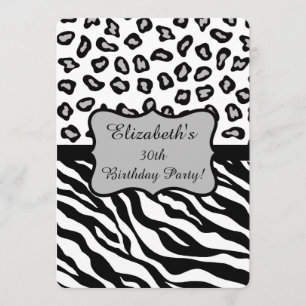 Convite Cinza Branca Negra Zebra Leopardo aniversário de 3