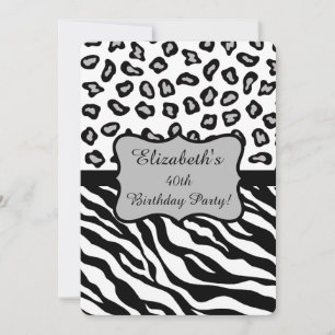 Convite Cinza Branca Negra Zebra Leopardo aniversário de 4