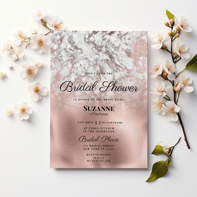 Convite Cinza branca-rosa--branca-Chá de panela-de-ouro (Elegant gray white rose gold marble Bridal Shower)