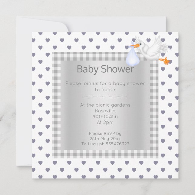 Convite Cinza branco Gingham Babyshower solteiro (Frente)