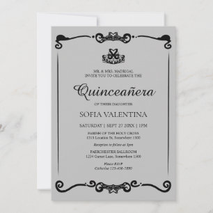 Convite Cinza clássica Black Tiara Quinceanera