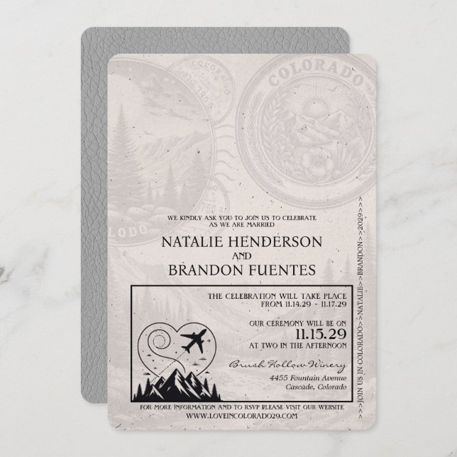 Convite Cinza Colorado Passport Wedding (Frente/Verso)