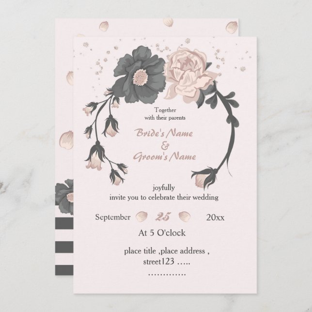 Convite cinza cor-de-rosa-poeirento, casamento floral (Frente/Verso)