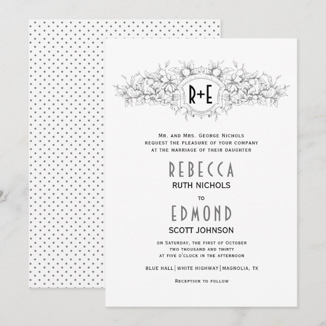 Convite Cinza da crista heráldica com iniciais de casament (Frente/Verso)