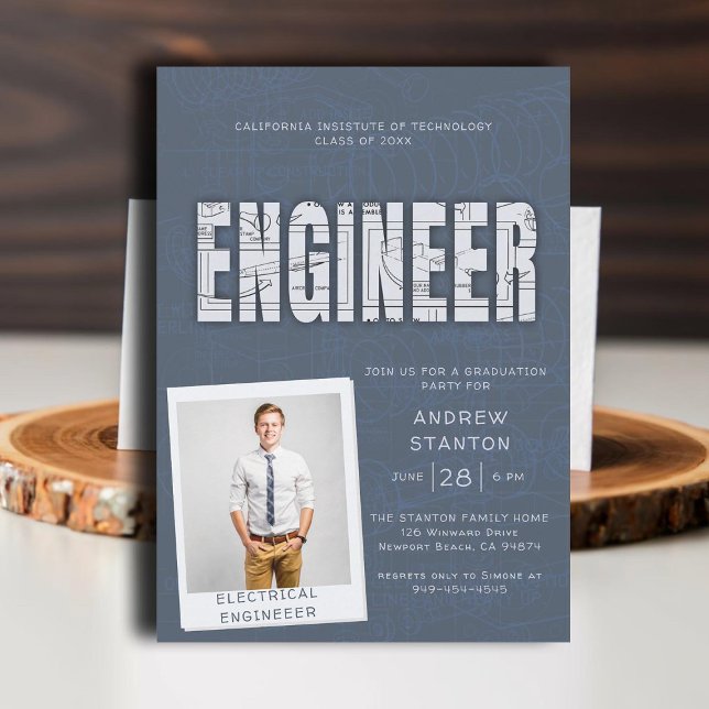 Convite Cinza da tecnologia de Engenheiro de formandos (college grad engineering engineer graduation ceremony party invitation gray blue technical science)
