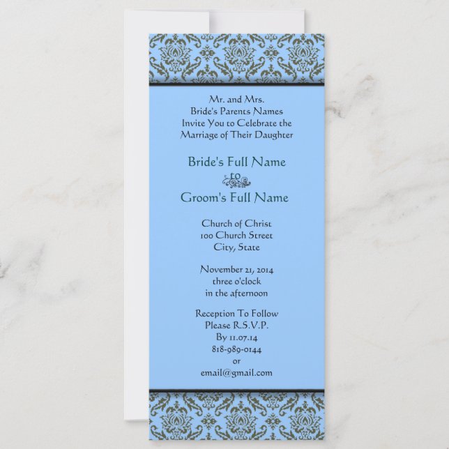 Convite Cinza Damask On Aqua Blue Weditation (Frente)