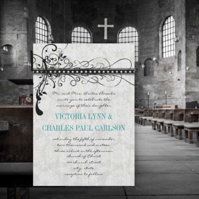 Convite Cinza Damask Renaissance Photo Invitation (Criador carregado)