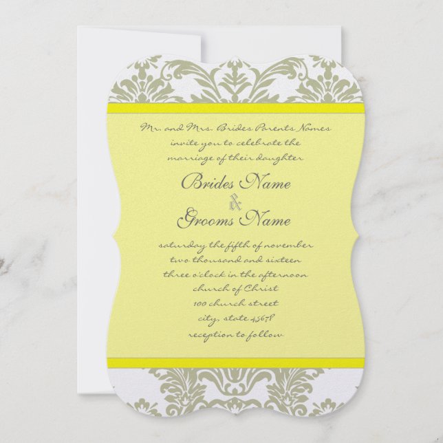 Convite Cinza Damask Swirls Bight Yellow Weditation (Frente)
