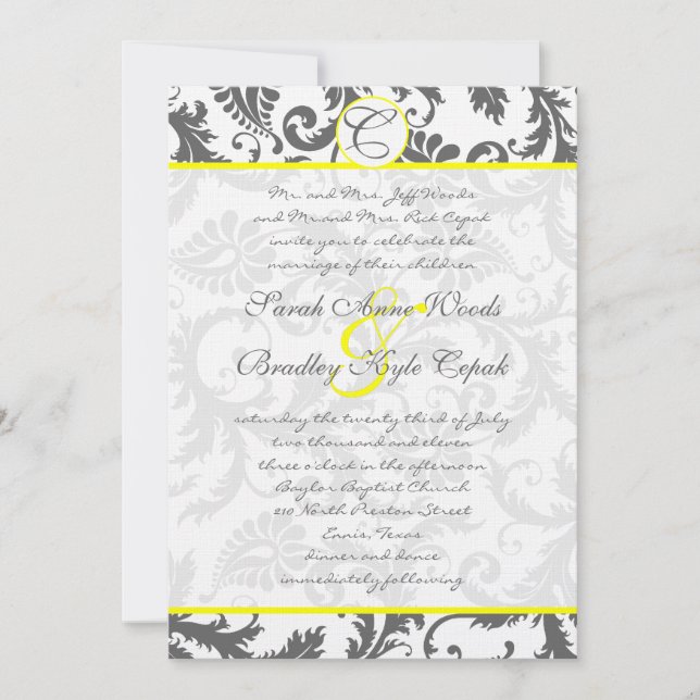 Convite Cinza Damask Swirls Bight Yellow Weditation (Frente)