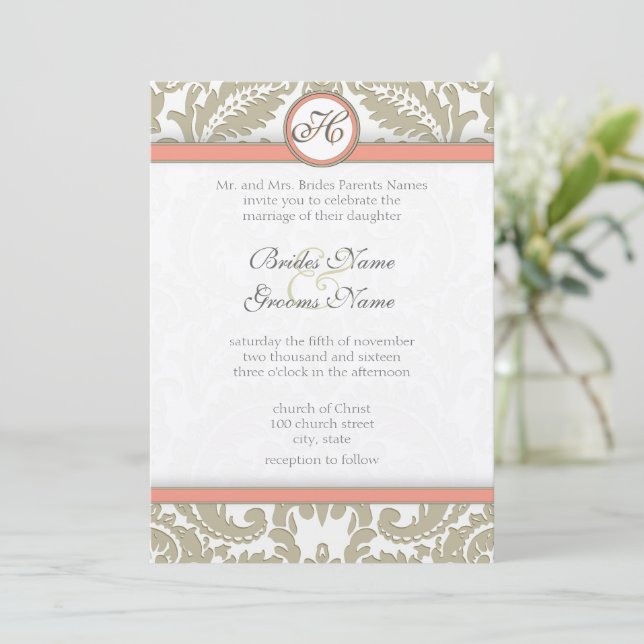 Convite Cinza Damask with Coral & Cinza Wedings Invtions (Em pé/Frente)