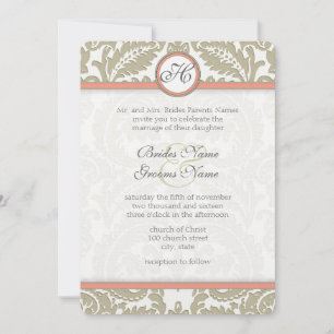 Convite Cinza Damask with Coral & Greige Wedding