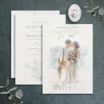 Convite Cinza De Aquarela De Arte Fina Foto Floral Casamen<br><div class="desc">Trendy e elegante, este simples design de convite para casamento de belas artes está em um tamanho muito grande, e apresenta sua foto favorita na frente, atrás de um papel aquoso e máscara de foto, fazer que sua imagem pareça ser uma pintura aquosa. "Celebrar conosco" em texto elegante, incluindo caligrafia...</div>