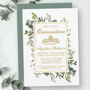 Convite Cinza de Aquarelas Quinceanera Dourada Sage Verde
