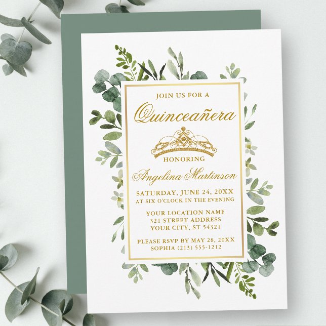 Convite Cinza de Aquarelas Quinceanera Dourada Sage Verde (Customize to change text color, style, add text & photos to back or change color of back of card.)