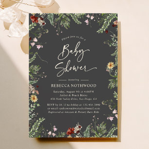 Convite Cinza de carvão boho Chá de fraldas de flores silv