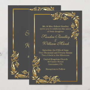 Convite Cinza de carvão elegante com quadro de ouro com Im
