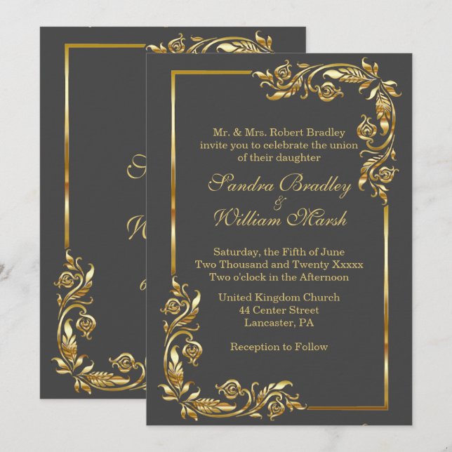 Convite Cinza de carvão elegante com quadro de ouro com Im (Frente/Verso)