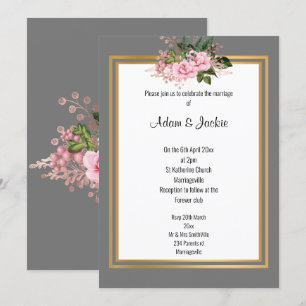 CONVITE CINZA DE CASAMENTO ELEGANTE DE TRIM DE ROSE DOURAD