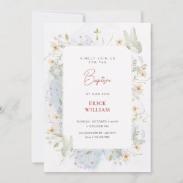 Convite Cinza de flores silvestres brancas aquarela batism