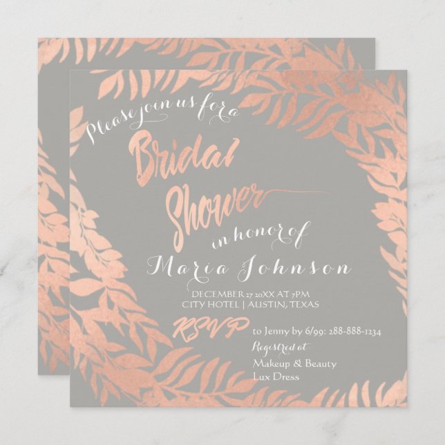 Convite Cinza de folhas tropicais de chá de panela Dourado (Frente/Verso)