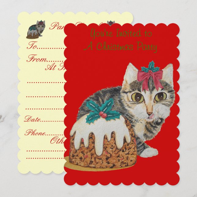 Convite cinza de gatinho fofo lambendo a festa de natal da (Frente/Verso)