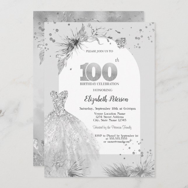 Convite Cinza de inverno do Vestido Chic 100º Aniversário (Frente/Verso)
