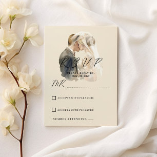 Convite Cinza de marfim simples foto branca de casal RSVP