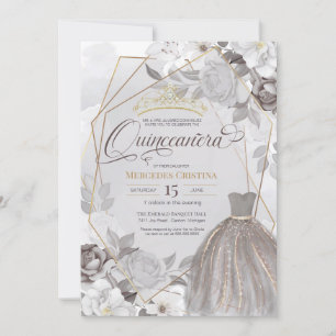 Convite Cinza de ouro de Quinceañera, rico de prata, Tiar