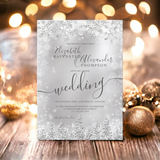 Convite Cinza de prata agora pinho casamento no inverno de (Silver gray snow pine Christmas winter wedding Invitation)