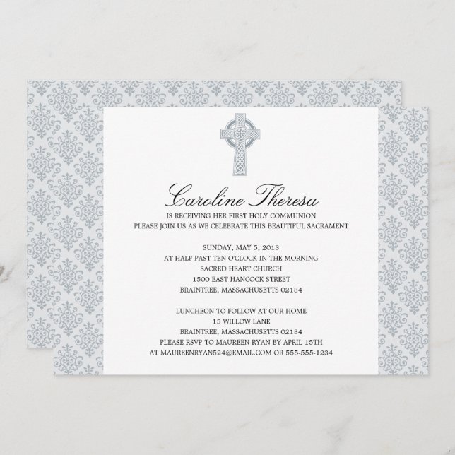 Convite Cinza de prata Damasco Celtic Cross First Communes (Frente/Verso)