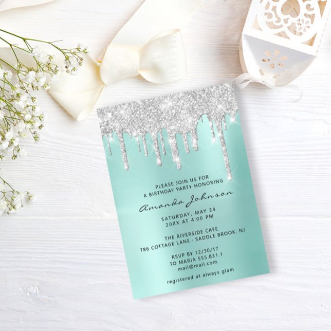 Convite Cinza de prata Derramada de efeito de brilho azul  (Silver Gray Tiffany Glitter Effect Drip Birthday Invitation)