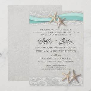 Convite Cinza de rendas de Starfish e Casamento de Aqua