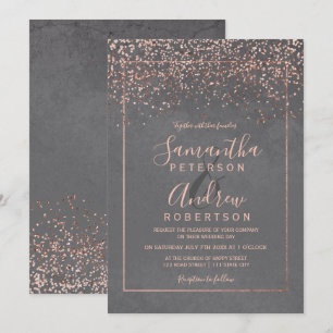 Convite cinza de rosa dourada confetti digitação de ciment