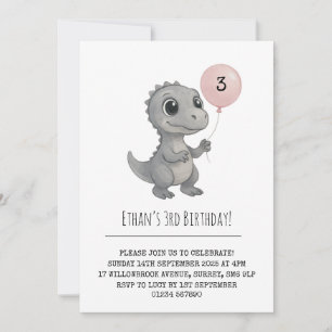 Convite Cinza Dino com Ilustração de Balão Rosa Aniversári