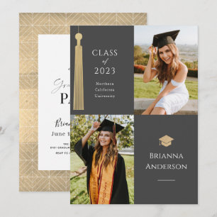 Convite Cinza Dourada de Graduação de Fotos do Tassel e Bo