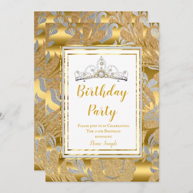 Convite Cinza Dourada Elegante, Tiara, Festa de aniversári (Frente/Verso)