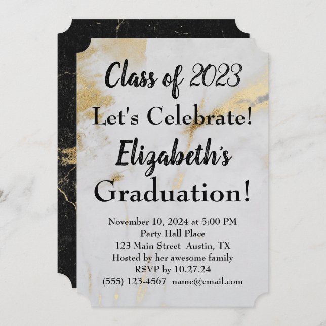 Convite cinza Dourada para graduação 2023 mármore com text (Frente/Verso)