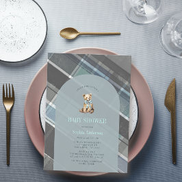 Convite Cinza e Chá de fraldas Xadrez azul do urso
