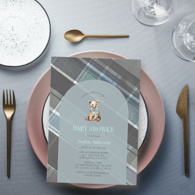 Convite Cinza e Chá de fraldas Xadrez azul do urso (Criador carregado)